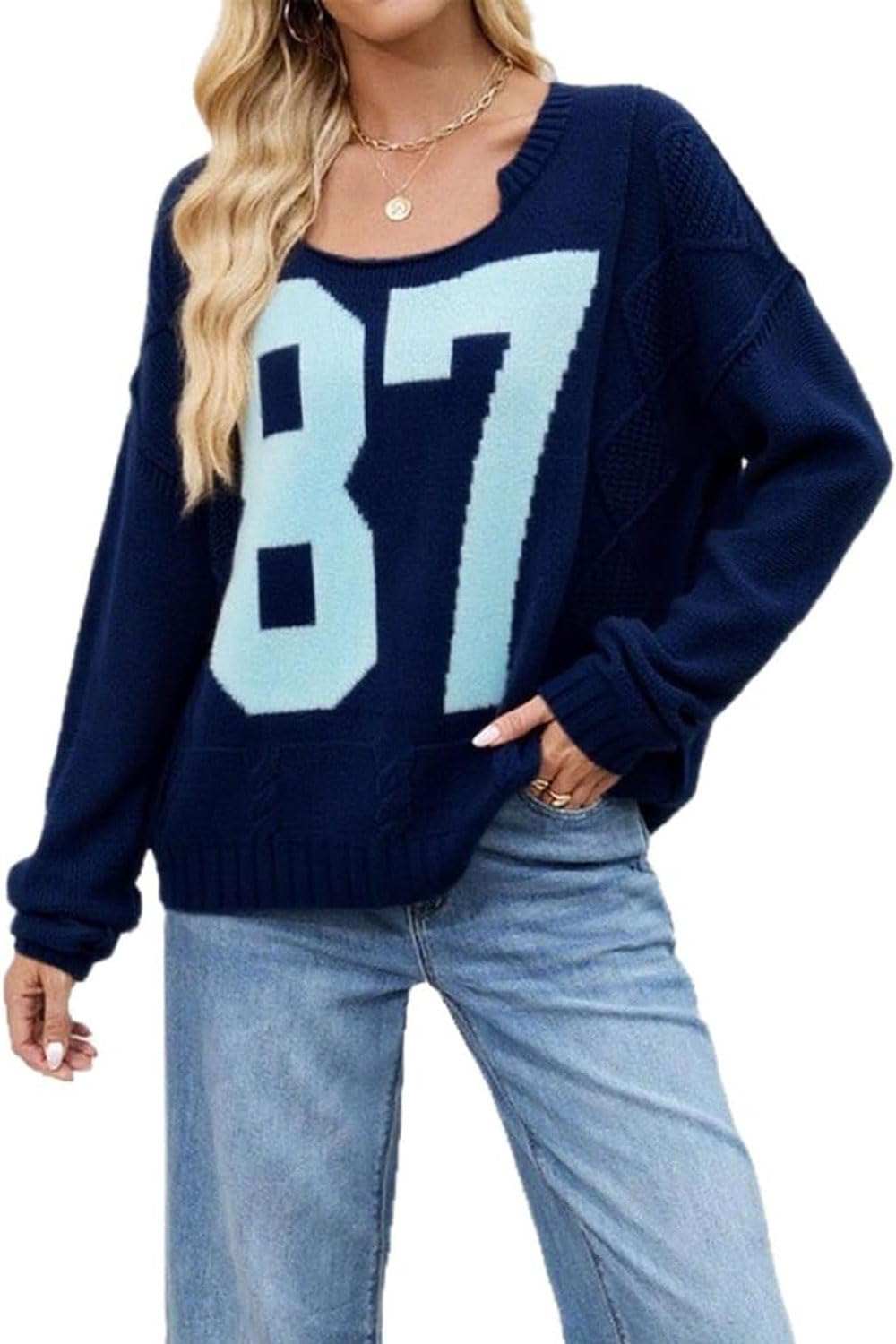 yoeasy Womens Color Block Number Sweater Fall Trendy Crew Neck Long Sleeve Y2k Casual Loose Fit Pullover Sweater