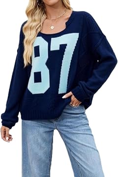 yoeasy Womens Color Block Number Sweater Fall Trendy Crew Neck Long Sleeve Y2k Casual Loose Fit Pullover Sweater