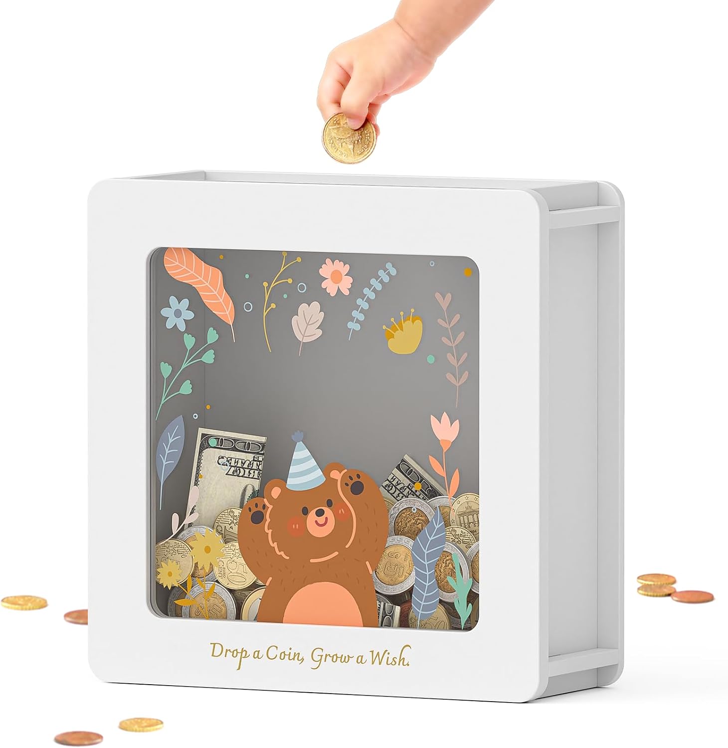 Summidate Wooden Piggy Bank for Kids Girls, Money Savings Bank with Clear Removable Windows and DIY Stickers, Kids Visual Cash Vault Box for Teens, Birthday