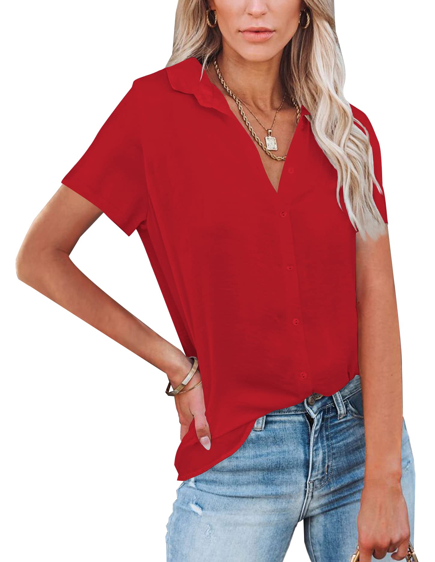 Diosun Womens Button Down V Neck Shirts Long/Short Sleeve Office Casual Business Plain Blouses Tops