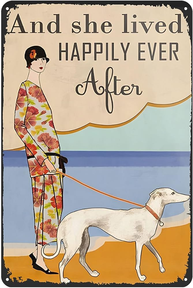 Yunking 47Am Retro Metal Sign Greyhound Dog And She Lived Happily Ever After Rustic Decor Vintage Tin Sign Home Kitchen Bar Farmhouse Ranch Cafe Club Cave Wall Decor Dog Tin Sign 12X8 Inch