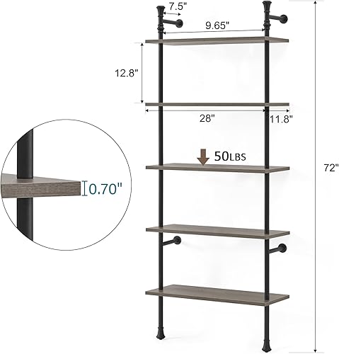 Miniatura 2 de Estantería de 5 niveles, estantería de pared, estantería industrial, estantes de exhibición abiertos, estantes altos y modernos estantes de pared