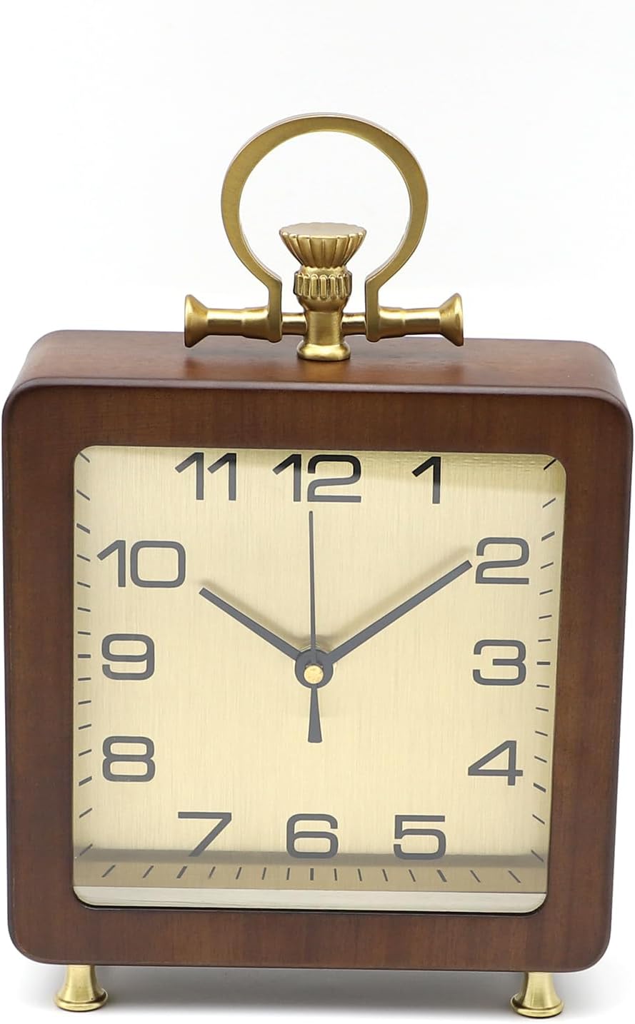 Wooden Table Clock,Vintage Desk Clock,Brass Solid Wood Desktop Clock,Classic Square Outlook,Silent Desk Clock Battery Operated for Bedroom Home Office(No Battery Included) (Square)