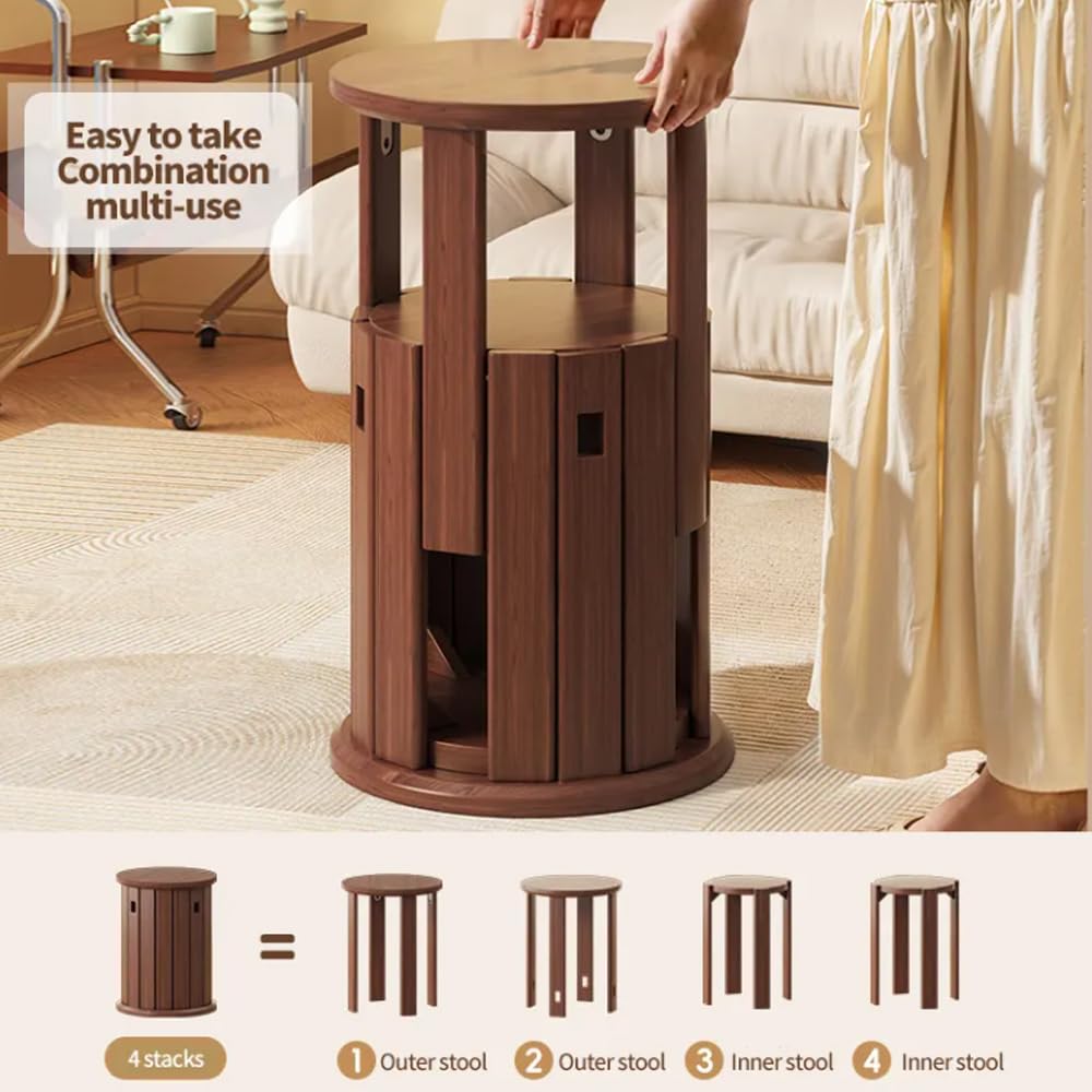 Taburetes de bambú apilables 4 en 1, Redondos y sin Respaldo de 45 cm de Altura, sillas Modernas apilables, Taburete de Madera para Sala de Estar, Entrada y Comedor.