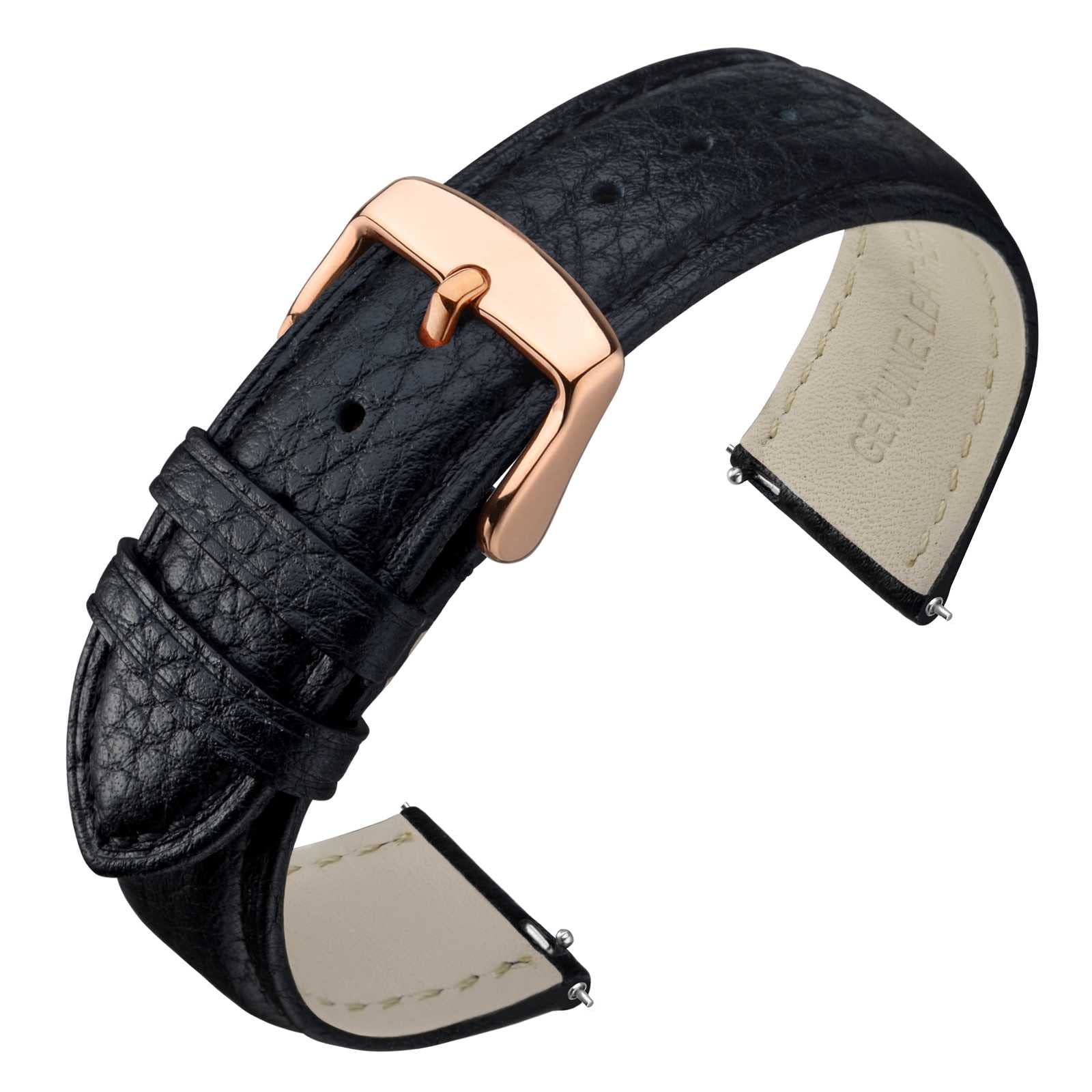 ANNEFIT Watch Band 22mm, Quick Release Textured Padded Leather Straps with Rose Gold Buckle for Men and Women (Black)