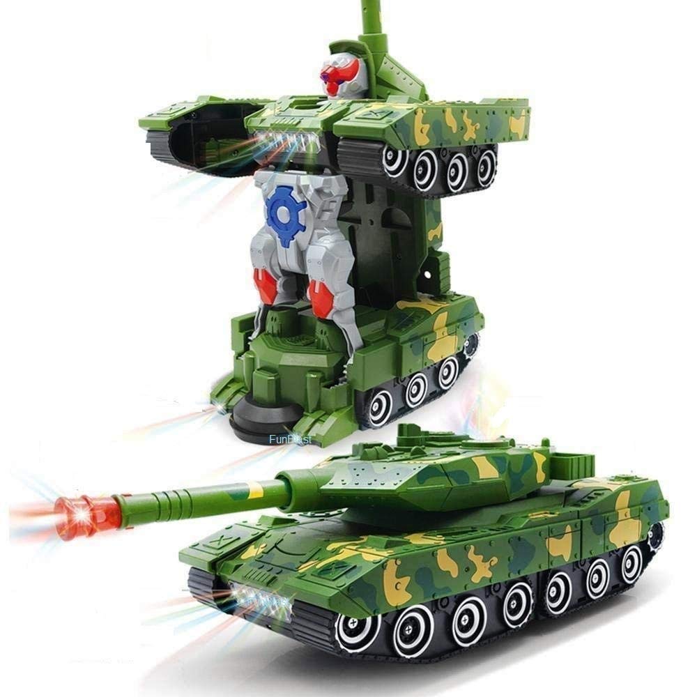 FunBlast Army Battle Tank Toys - Deformation Combat Changeable Tank Robot Toy with Light and Sound Toy, Bump & Go Crawling Army Tank Toys for Kids (Battery Included) Multicolor