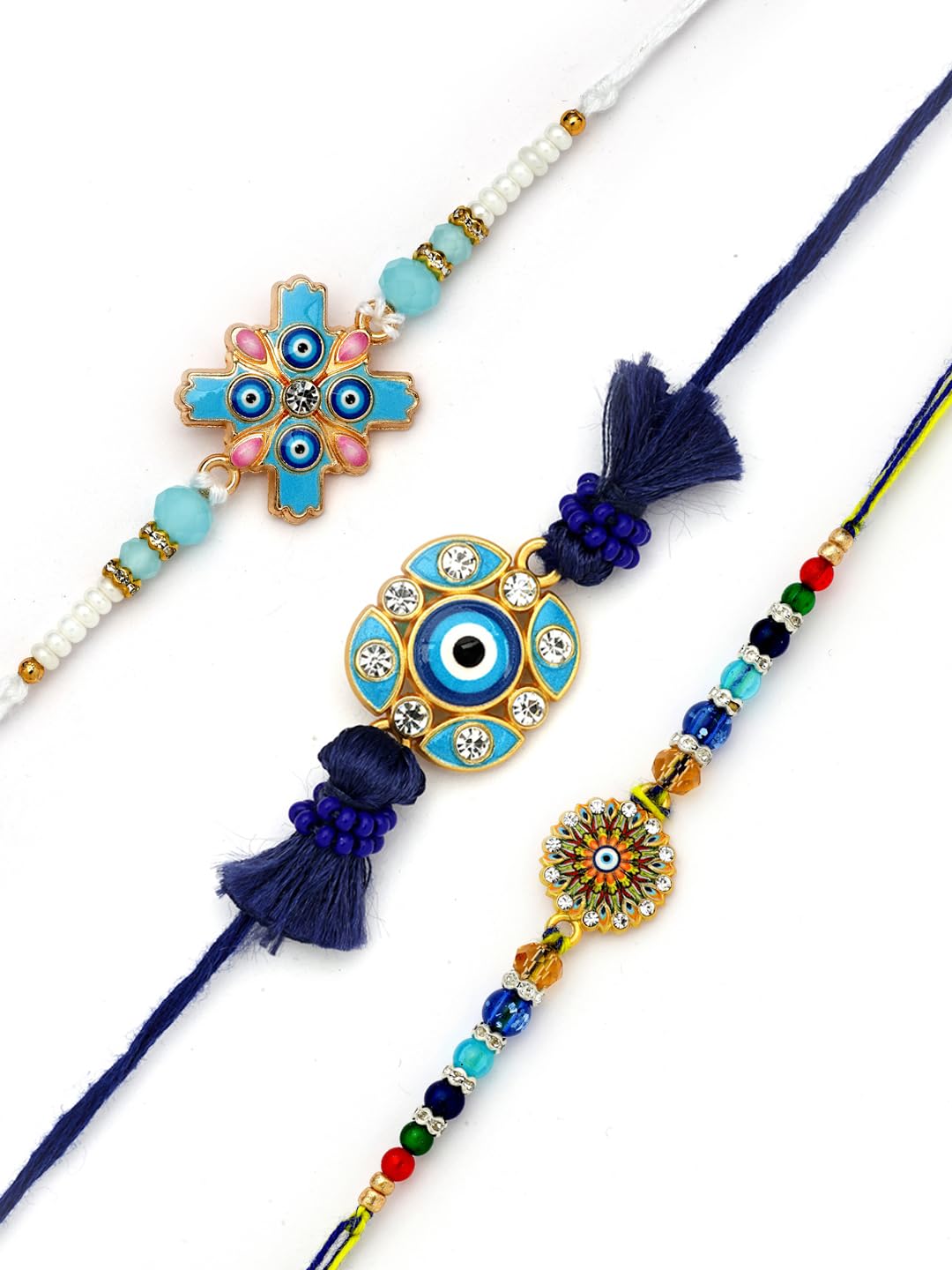 Set of 3 CZ Stone & Beads Evil Eye Thread Rakhi for Raksha Bandhan with Pooja Thali and Roli Chawal Bag Gift Set