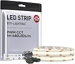 BTF-LIGHTING UL Listed FCOB COB CCT LED Strip Tunable White 3000K-6000K Dimmable High Density Flexible Tape Light 5M 24V 640LEDs/m IP30 White PCB for Kitchen Cabinet Bedroom Home Decor(Strip Only)