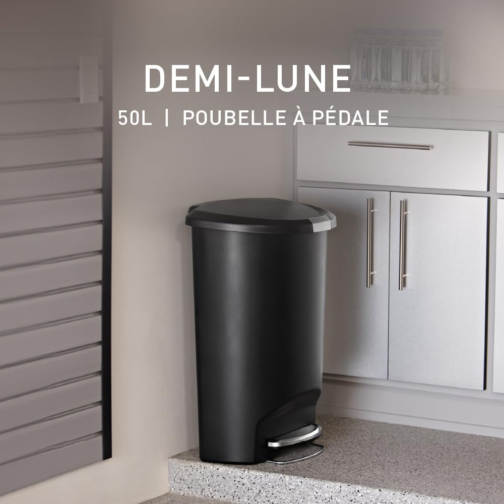 simplehuman CW1355 poubelle demi-lune à pédale, poubelle de cuisine, plastique noir, 50 litres