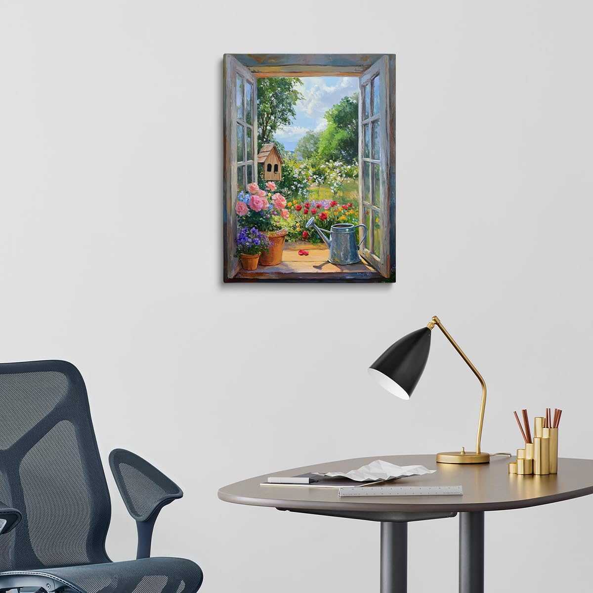 Open Window Garden Print, Cottage Flower View Wall Art, Rustic Window Landscape Poster, Country Birdhouse Painting for Home Decor-12x16Inch Ready to Hang(Framed)