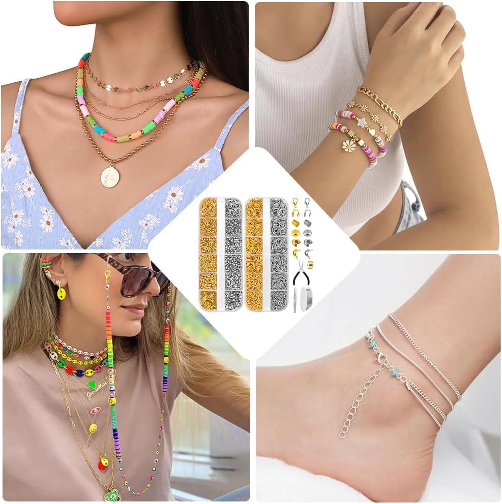 Image of Dhruv Crafts 1520PCS Crimp Beads for Jewelry Making,Open Jump Rings Jewelry Crimp Beads Covers Tubes Lobster Clasps Necklace Repair Kit with Pliers for Crafts DIY Jewelry Making(Silver & Gold)