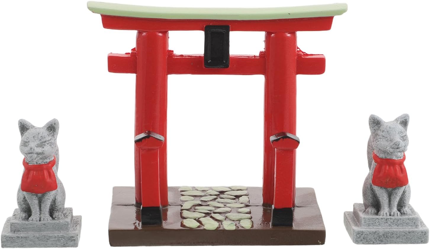 LOGOFUN Miniature Japanese Torii Gate Set with Fox Figurines for Zen Garden Bonsai Micro Landscape and Desk Decor