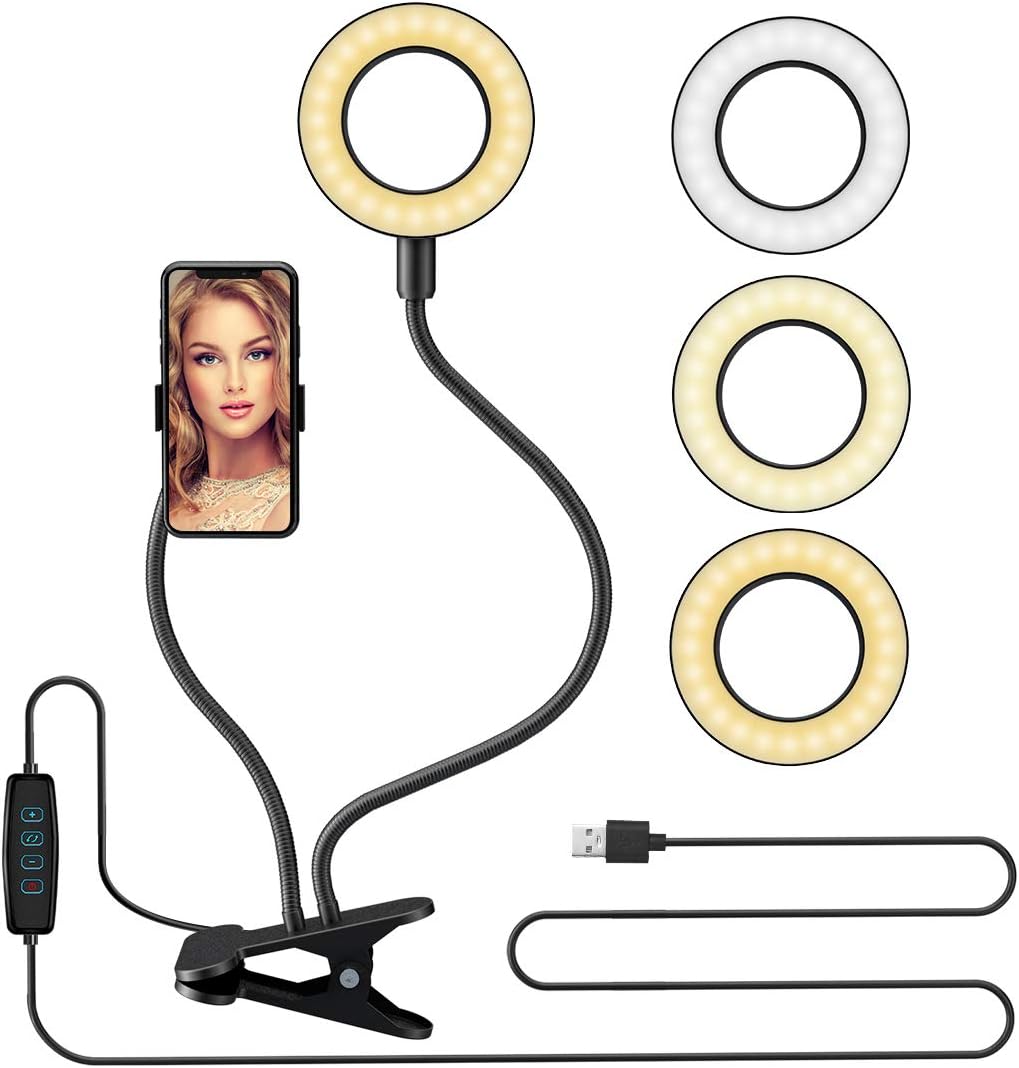 Uр Tо 40% оƒƒ DAVID ROCCO Selfie Ring Light with Flexible Goose Neck Phone Clip 3 Light Modes and 10 Brightness LED Ring Light Compatible with Smart Phone for YouTube, Facebook, Live Stream, Makeup