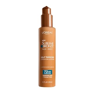 L'Oreal Paris Sublime Bronze Hydrating Self Tanning Serum-In-Lotion, Self Tanner for Face and Body with Coconut Water and Hyaluronic Acid, Provides Natural-Looking Color & 72 HR Hydration, 5 Fl Oz - Amazon product rated Grade A
