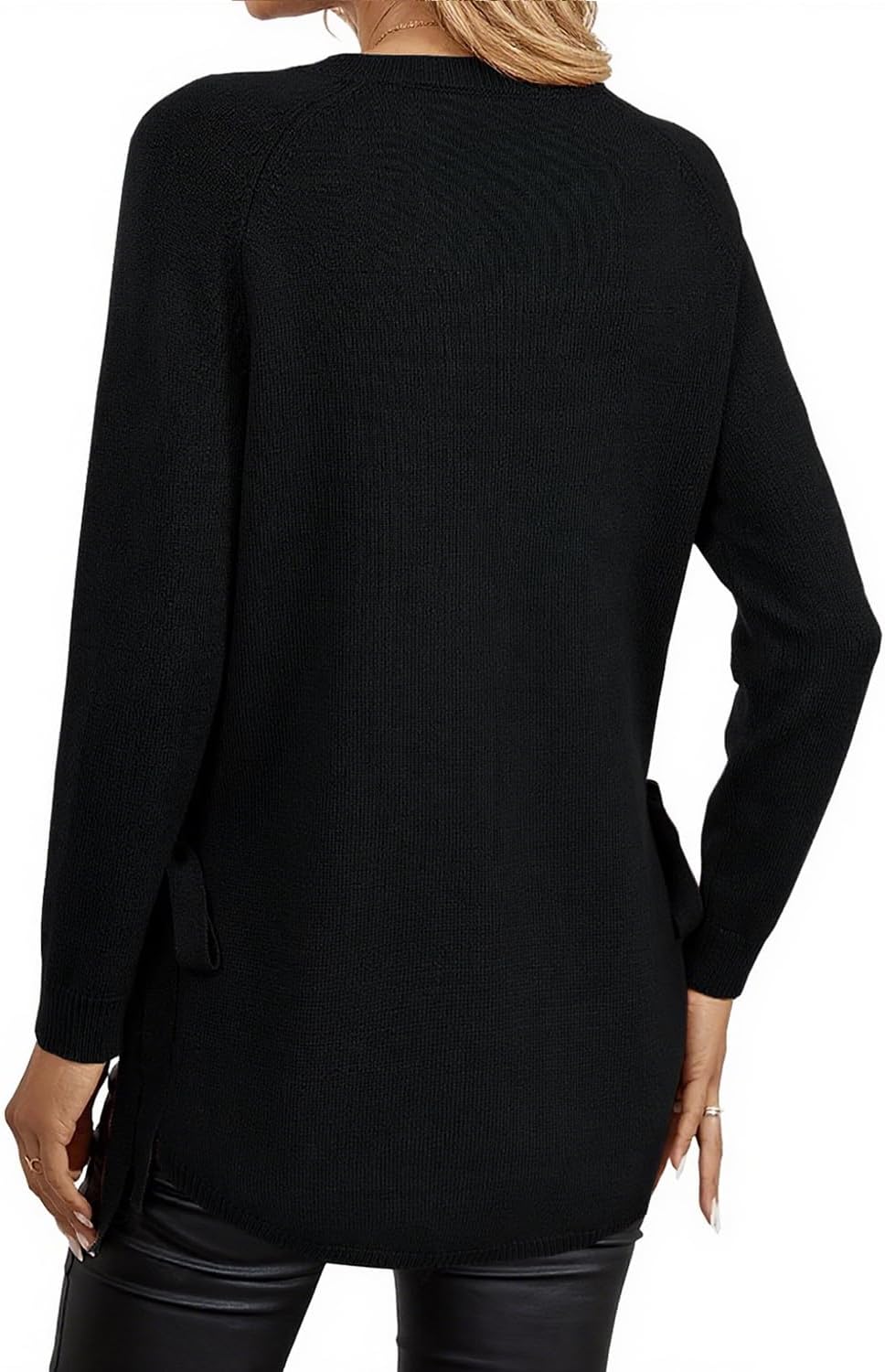 Womens Fall Crewneck Long Sleeve Tunic Sweaters Pullover Work Casual Side Slit Curved Asymmetrical Hem Bow Tie Knit Tops