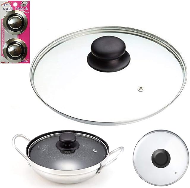 24cm Tempered Glass PAN LID & PK2 Pan Lid KNOBS -Replacement Wok Lid, Stir Fry Pan Lid, Stock Pots Lid, Casserole Pan Lid, Saucepan Lid (24cm Pan Lid)