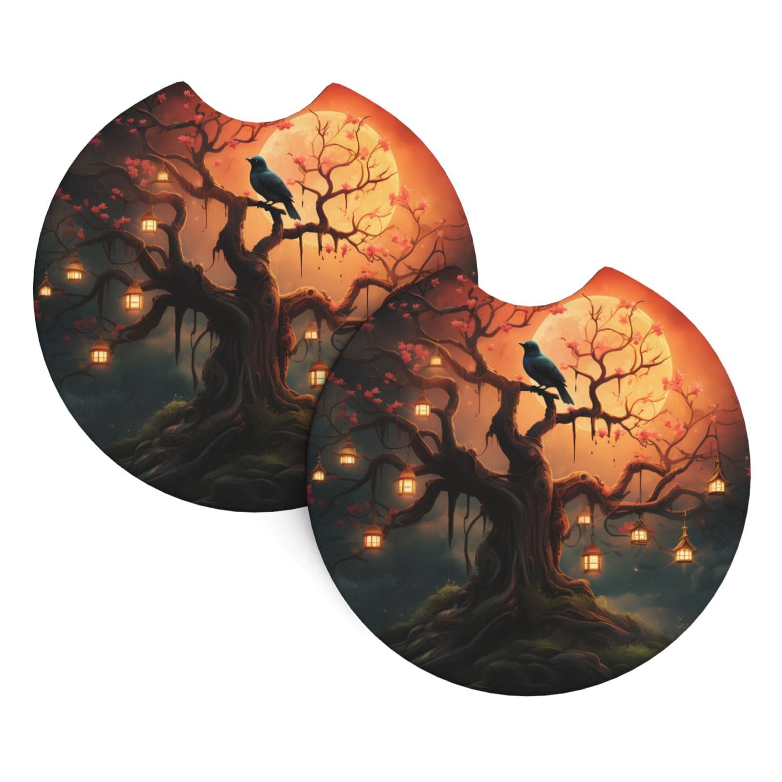 2 Pack Car Coaster for Cup Holders Mysterious Tree Birds Car Cup Coaster 2.7" Neoprene Non-Slip Automotive Cup Mat Universal Auto Car Interior Accessories for Women Men Cup Pad