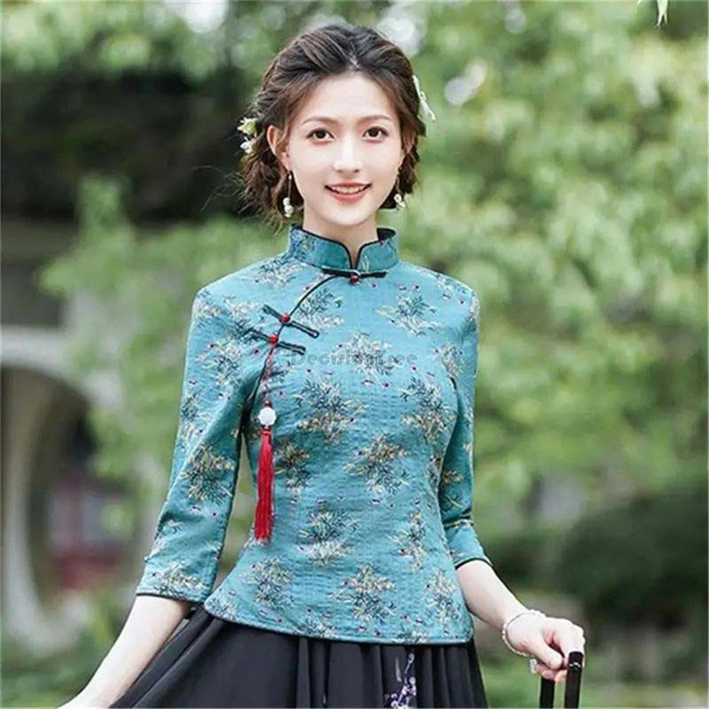 Spring Chinese Style Cardigan Jacket Daily Retro Women's Turtle Neck Embroidered Retro mid-Sleeved top