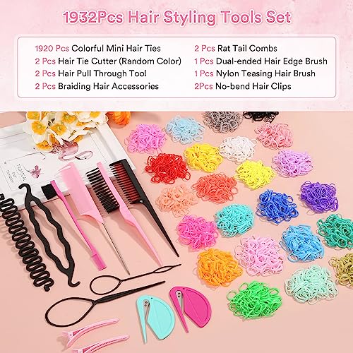 1932Pcs Hair Rubber Bands With Hair Loop Styling Tool, 24 Colors Small Elastic Hair Ties With Rubber Band Cutter, Topsy Pony Tail Hair Tool, Hair Braiding Tools, Rat Tail Comb For Toddlers Baby Girls Kids Women Hair Accessories #TOP1