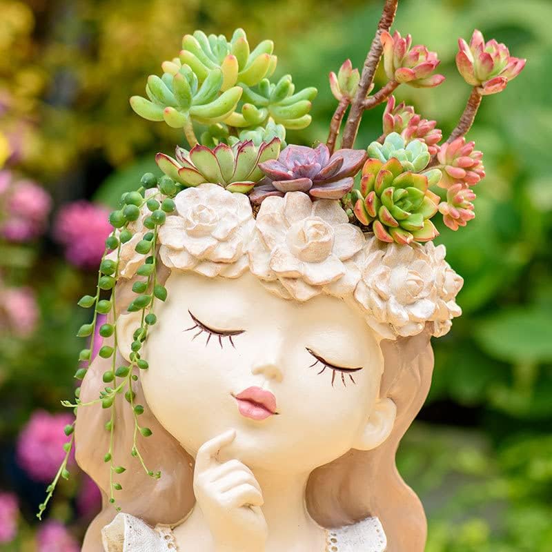 Miniatura 8 de Macetas grandes para niñas, paquete de 2 macetas grandes para suculentas con orificio de drenaje, maceta alta de resina para flores de resina para