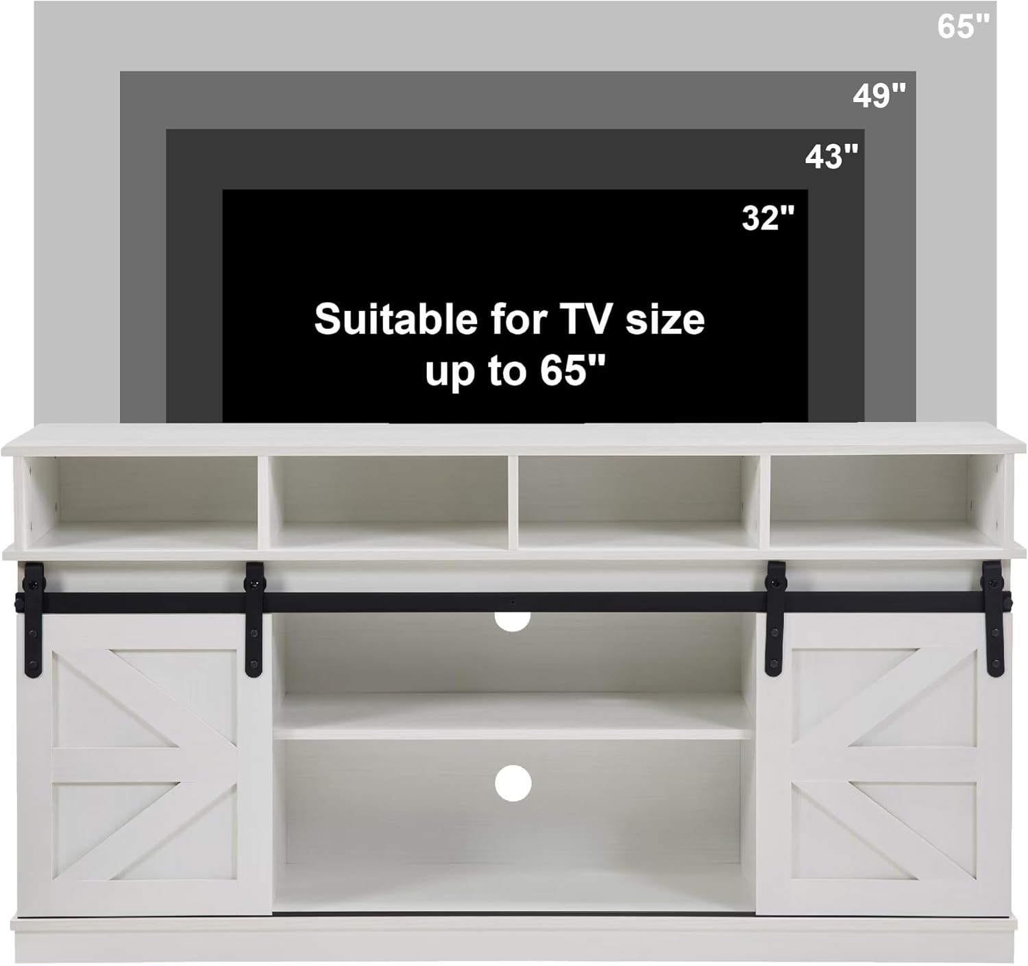 TV Stand Sliding Barn Door Modern&Farmhouse Wood Entertainment Center, Storage Cabinet Table Living Room with Adjustable Shelves for TVs Up to 65" (White, Farmhouse with Open Shelf)