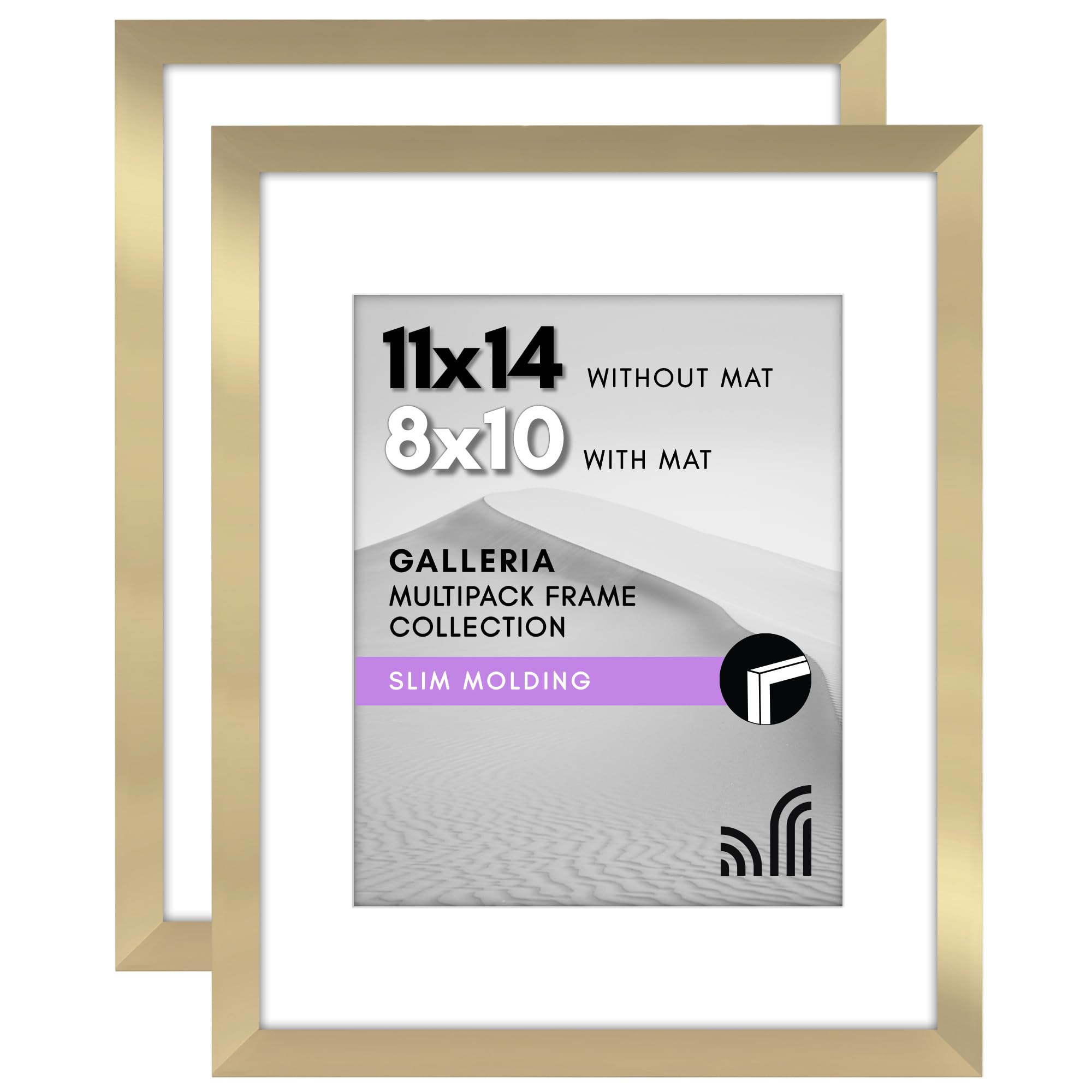 Americanflat 11x14 Picture Frame with Polished Plexiglass - Set of 2 - Use as 8x10 Frame with Mat or Display 11x14 Photo Without Mat - Galleria Collection - Picture Frames for Wall Display - Gold