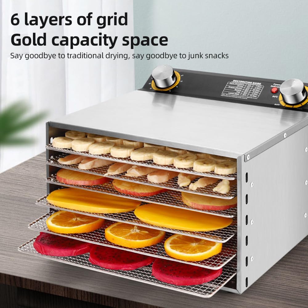 Disidratatore per Alimenti e Carne secca con Timer 12H Acciaio Inossidabile Spazzolato 12 Rastrelliere per l'Essiccazione 800W 30-90℃ Disidratatore per Frutta Verdura con Grande Manopola di Con