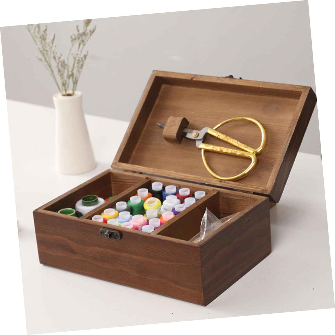 Wooden Sewing Pin Box Portable Storage Basket for Pins Needles Small Wood Box for Sewing Kit