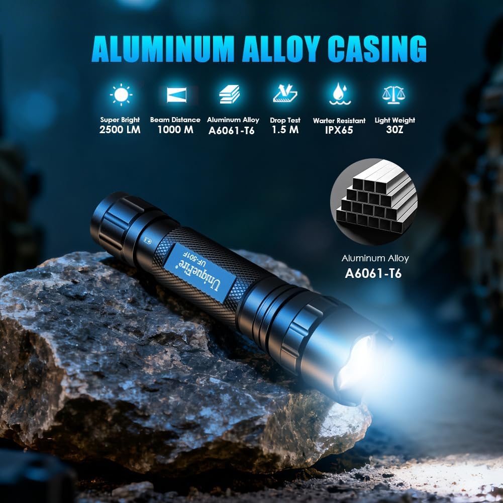 UniqueFire 501F Small Tactical Flashlight with Holster, 5 Modes Mini CREE LED Zoomable Flashlight High Lumen Torch with IPX-65 Waterproof EDC Flashlight Bright Flash Light for Daily use,Emergencies