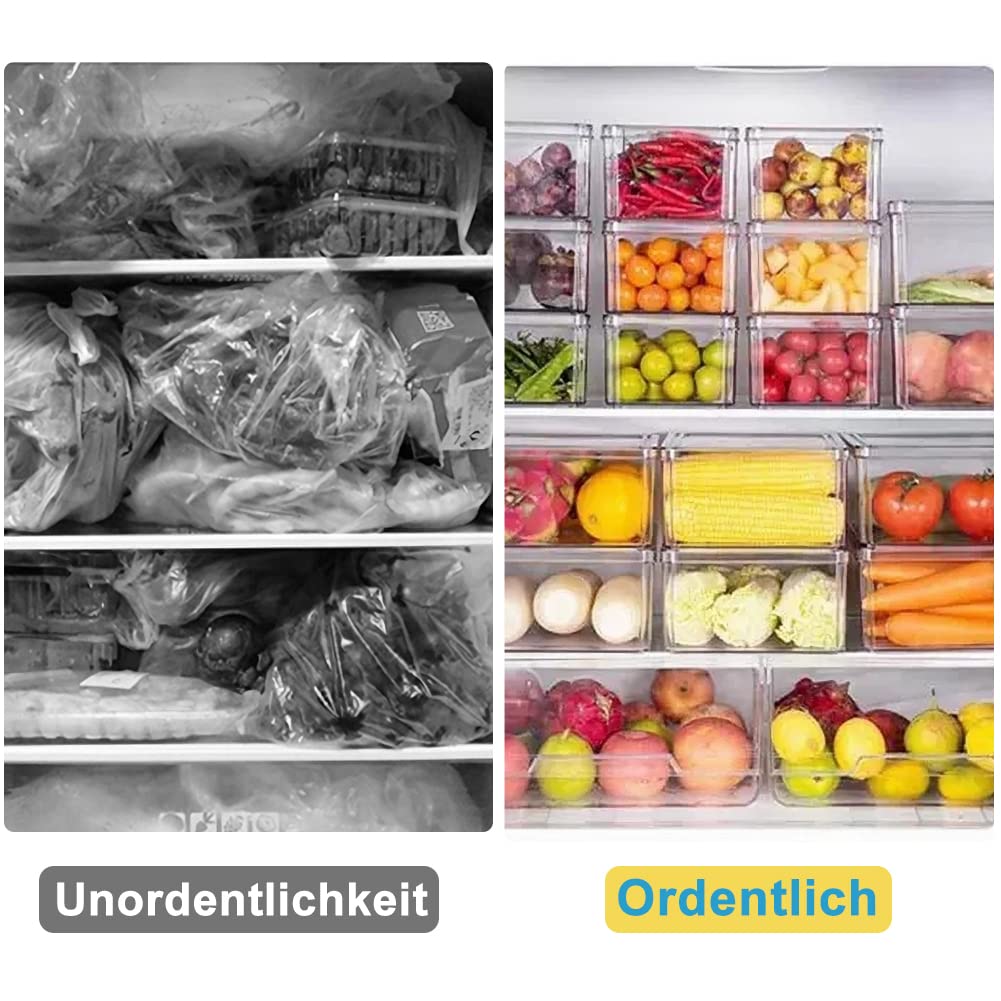 14er Set 10 Kühlschrank Organizer mit Deckel und 4 Abtropfbrett Durchsichtig Stapelbare Aufbewahrungsbox Kühlschrankbox für Küche behälter Aufbewahrung und Organisation