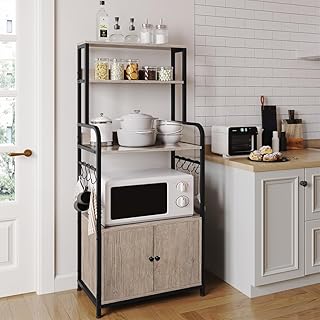 Yaheetech 4-Tier Kitchen Bakers Rack with Storage Cabinet and Hutch, Microwave Oven Stand Coffee Bar Pantry Cabinet with 8 S Hooks, Freestanding Kitchen Shelves Spice Rack, Gray