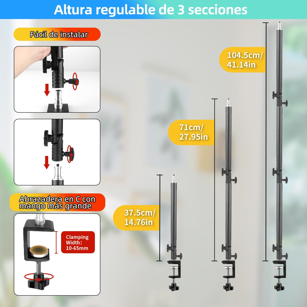 MS05 Soporte Superior para Cámara, 37-104cm Soporte de Escritorio para Cámara, Brazo Articulado Desmontable de 3 Secciones con rótula de 1/4" para DSLR, Webcam, Proyector