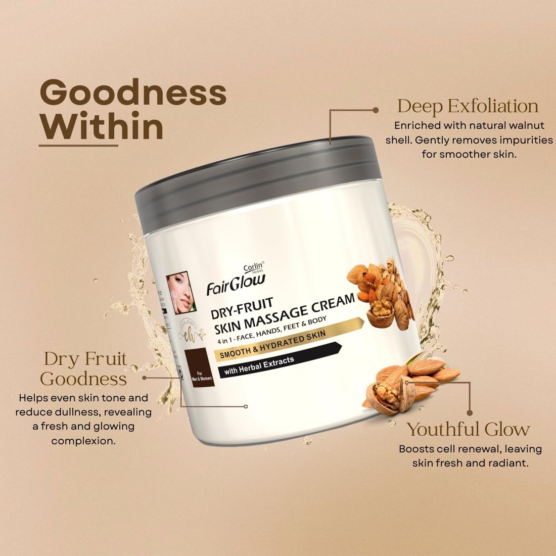 Corlin Fair Glow Dry Fruit Scrub 800g | 4 in 1, Smooth & Hydrated Skin | Face, Hands, Feet, Body & Facial | with Herbal Extracts | For Men & Women | Multipurpose 2