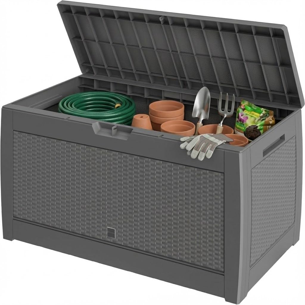 CASARIA® 310L Waterproof Garden Storage Box | Plastic Storage Box with Lid | Storage Boxes with Lids | Parcel Deck Box Lockable Storage Boxes | Weather Resistant | 119x48x60cm | Rattan Effect | Grey