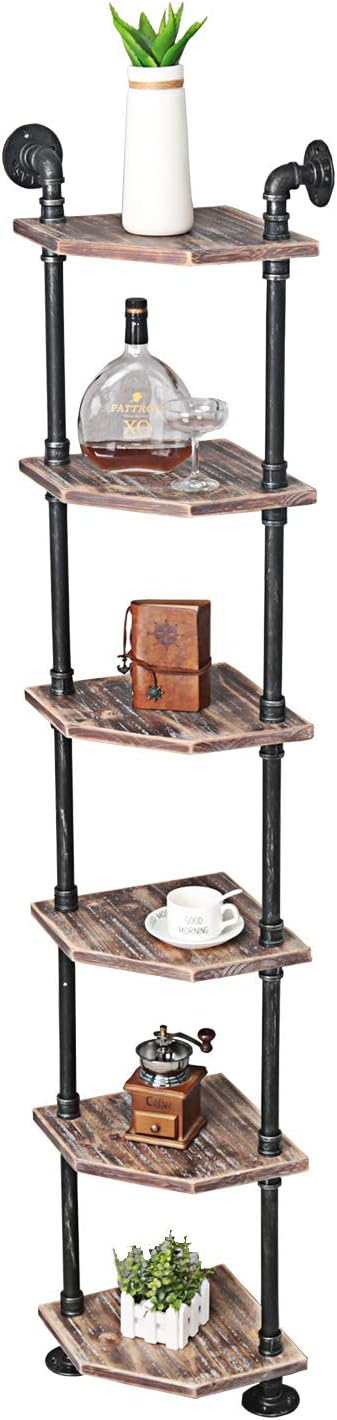 MBQQ Industrial Pipe Shelves Modern/Rustic Corner Book Shelves with Real Wood,Corner 6-Tier Bookshelf Display Stand,Metal Standing Home Decor Shelf Units