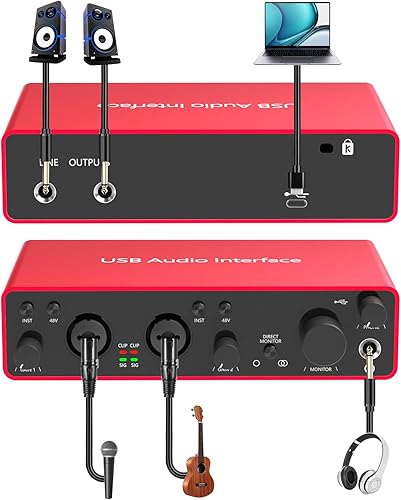 Miniatura 2 de Interfaz de audio USB 2i2 con alimentación fantasma de 48 V 24 bits192 kHz Plug and Play para grabación, podcasting, transmisión, grabación,