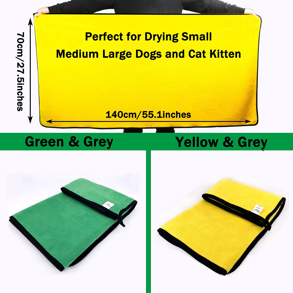 Hundehandtuch – 2 Stück großes Hunde-Badetuch, super saugfähige Mikrofaser-Strandtücher für schnell trocknende kleine, mittelgroße und große Hunde und Katzen, maschinenwaschbar, 140 x 69,8 cm,