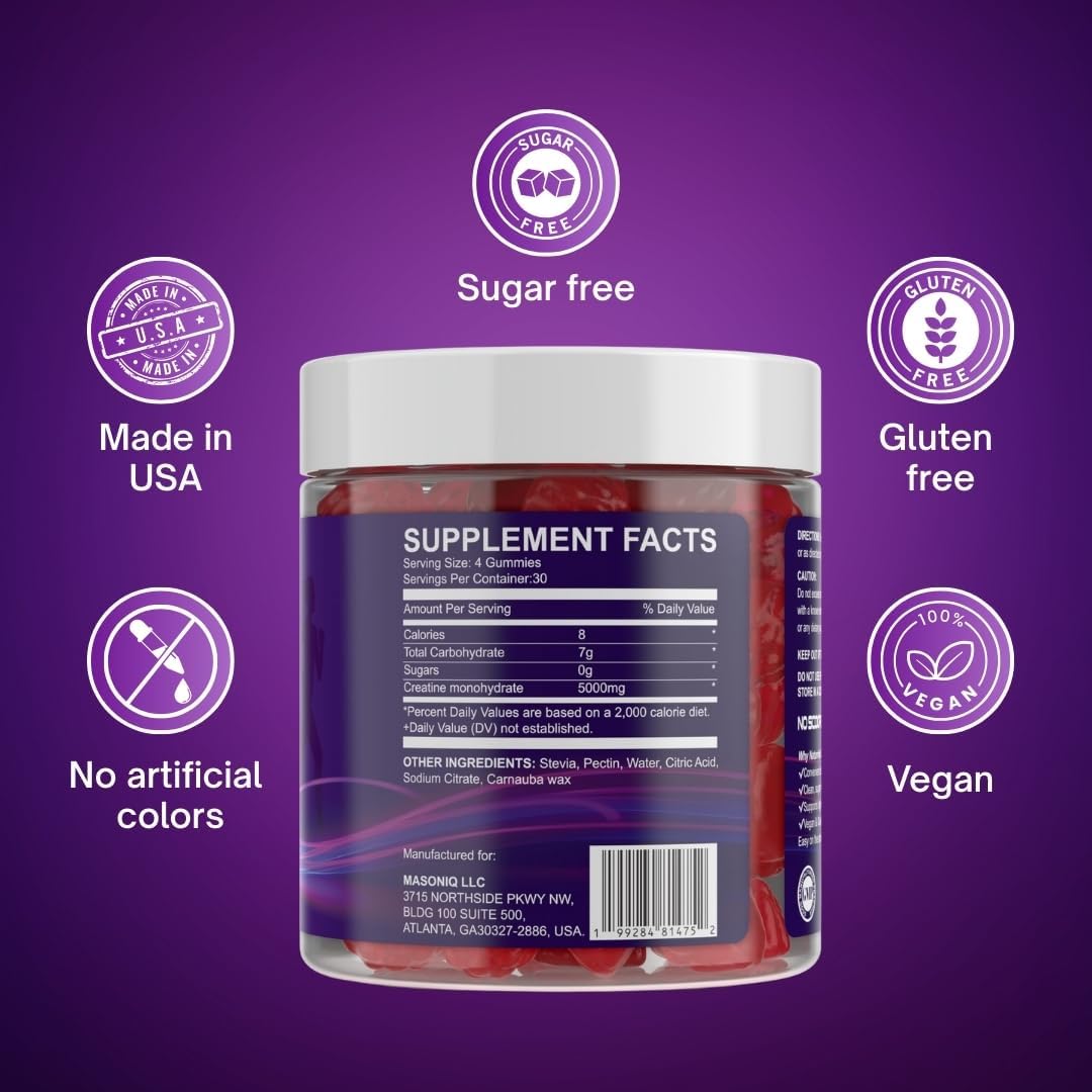 Sugar Free Creatine Gummies 5000mg — 22% More Strength, 7X Energy, 3X Absorption & Muscle Recovery, Cognitive Health — 99.9% Pure Vegan Creatine Monohydrate Gummies for Men and Women (30-Day Supply)