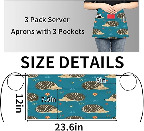 Miniatura 4 de Hedgehog Forest Illustration 3 Pack Server Aprons with 3 Pocket Waterproof Womens Half Waist Aprons for Cooking Dishwashing Kitchen Gardening Salon