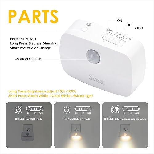 Miniatura 4 de Sossi Paquete de 4 luces nocturnas con sensor de movimiento, atenuación continua de 10 a 60 lúmenes, 3 modos de luz con memoria, luces nocturnas