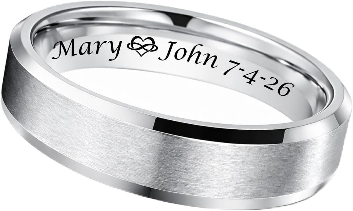 Personalized Women's Silver Ring Brushed With Polished Edge - Custom Engraved Ladie's Ring - Silver Wedding Band | Free Engraving In Any Language - Ships from USA