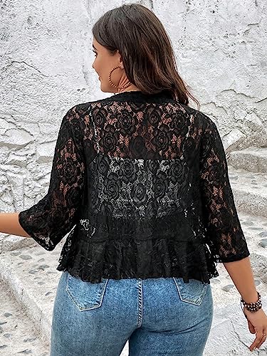 WDIRARA Women's Plus Size Open Front Ruffle Hem Crop Lace Jacket 3/4 Sleeve Sheer Outerwear2