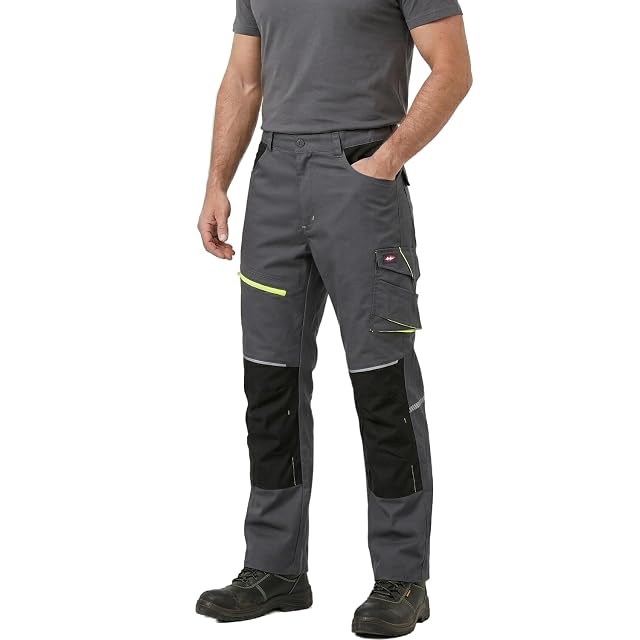 Lee Cooper LCPNT246 Męskie spodnie robocze cargo stretch z kieszeniami na nakolanniki, elementy Hi-Vis, kieszenie narzędziowe