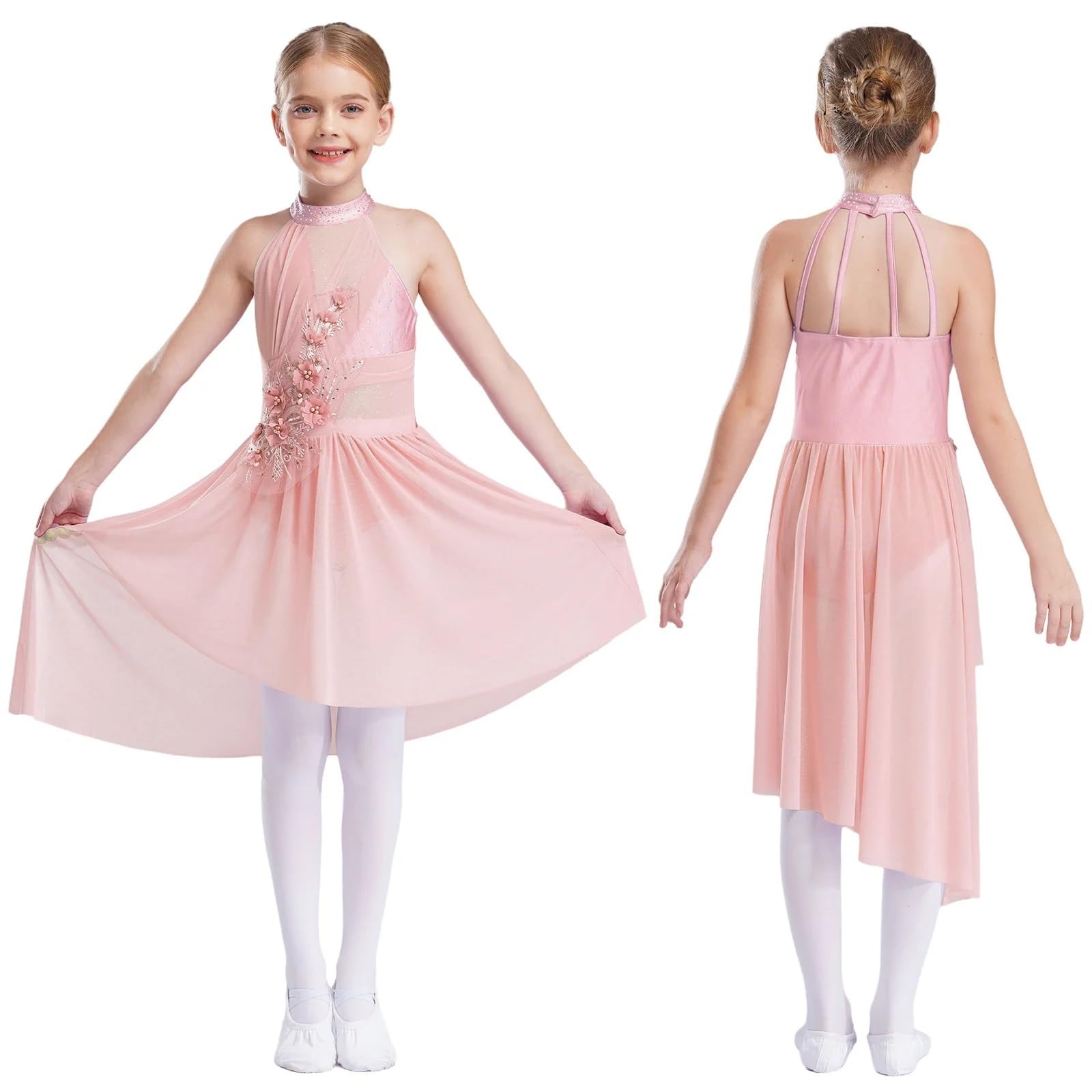 Disfraz Gimnasta NiñA Vestido de Ballet con Apliques for niñas, sin Mangas, de Malla Irregular, de Tul, for Danza lírica, Vestido de Leotardo contemporáneo, Ropa de Baile(Lavender B,16)