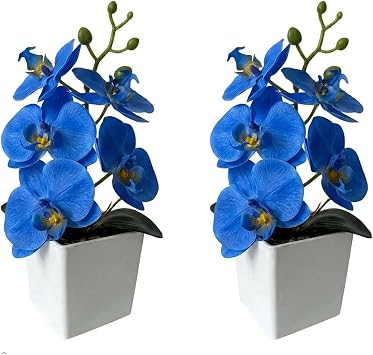 2 Pack Artificial Orchid Flowers with Vase,10" Fake Butterfly Plant,Blue