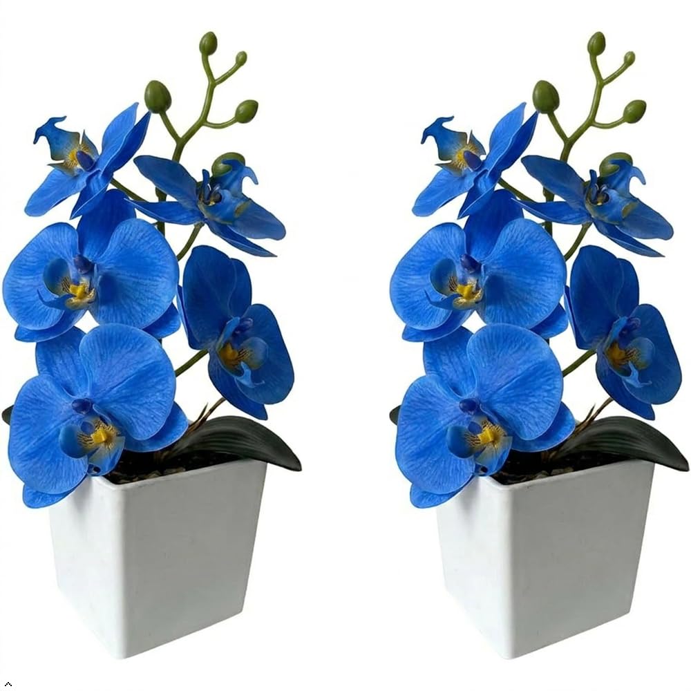 XIZHI 2 Pack Artificial Orchid Flowers with Vase,10 Inches Artificial Plant Bonsai Silk Flowers Butterfly Orchid with Pot for Wedding Office Home Decor Indoor Centerpieces (Blue)