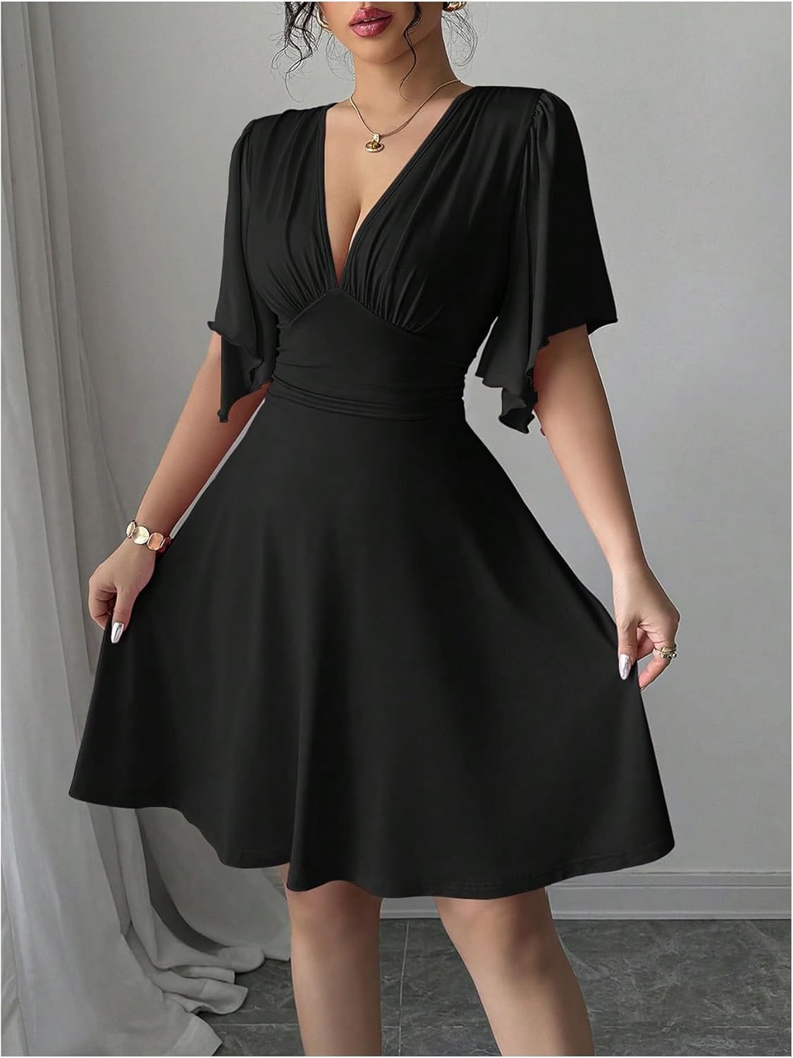 SOLY HUX Women's Deep V Neck Elegant Mini Dress Ruffle Short Sleeve Flowy Cocktail Evening Dresses - Image 4