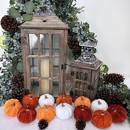 Image of Winlyn 12 Pcs Assorted Small Harvest Faux Velvet Pumpkins Decorative Fabric Foam Pumpkins in Rust Orange White for Fall Wedding Halloween Thanksgiving Table Centerpiece Mantel Farmhouse Decor