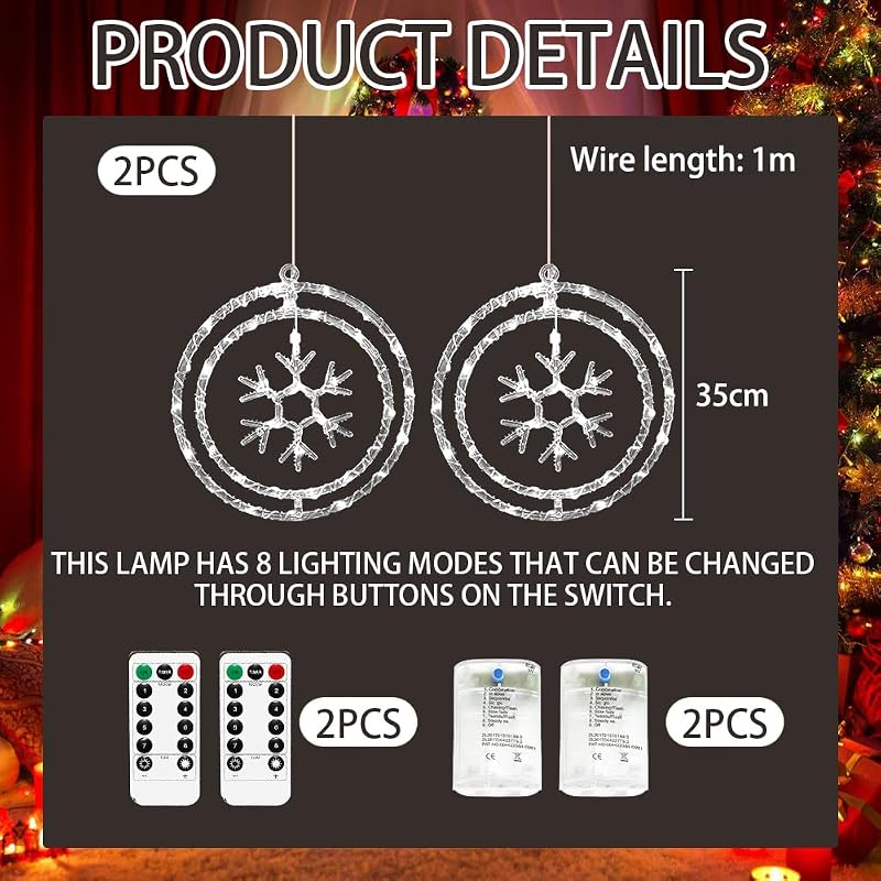HEYIDAMAI Hópehely Ablakdísz LED Fényfüzér - 2 db Karácsonyi Világítás 8 Fényjátékkal, Távirányítóval, USB és Elemes Működés