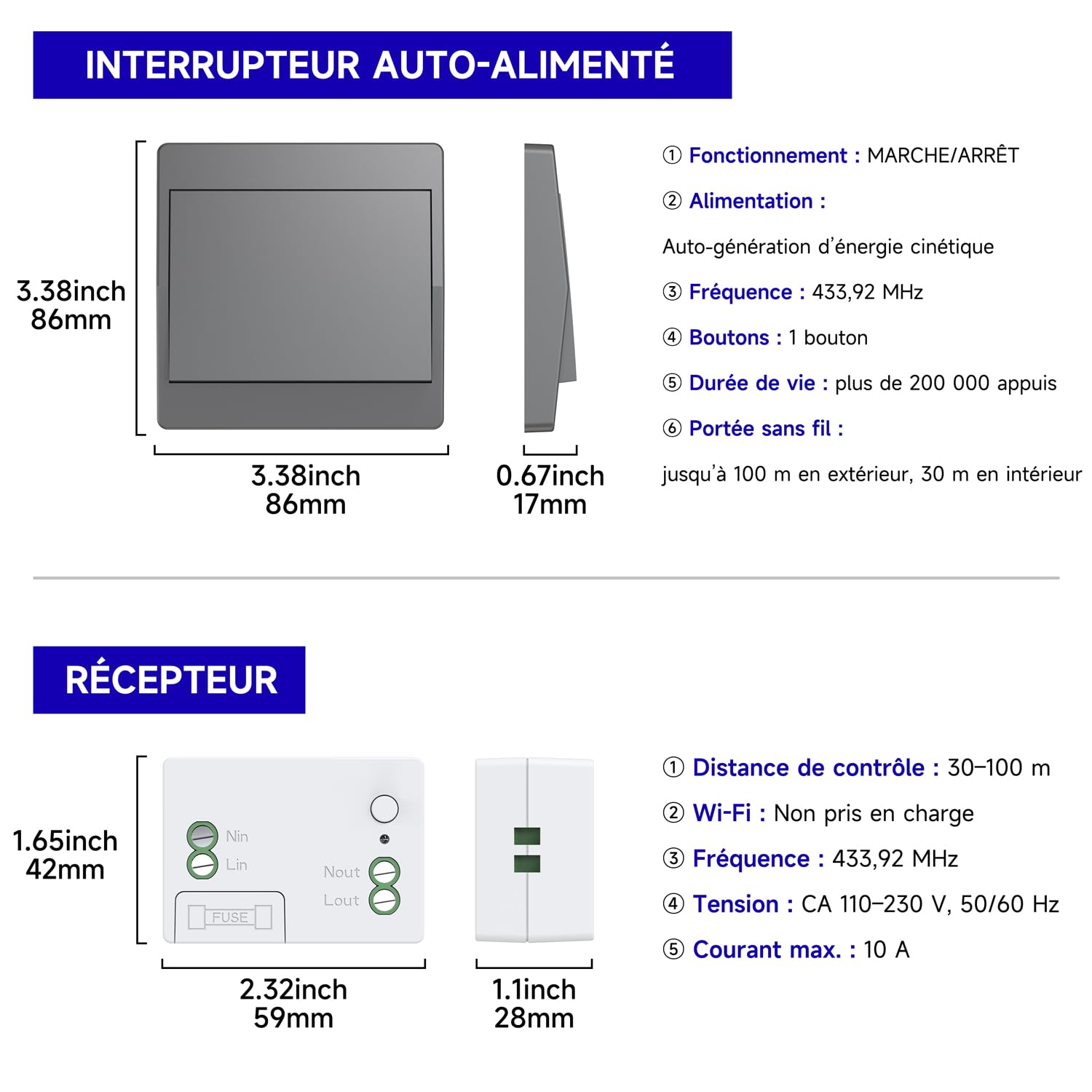Gris interrupteur sans fil sans pile kit interupteur sans fil autoalimente RF433 va et vient sans fil sans pile radio interrupteur a bouton telecommande (Gray 1Gang 3V1) | gris wireless switches interrupteur eclairage sans fil sans piles interrupteur à di